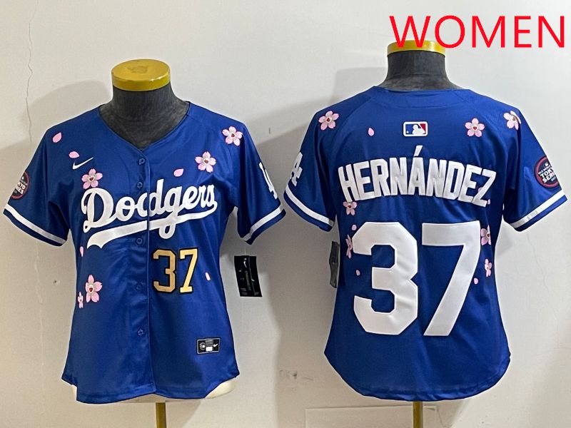 Women Los Angeles Dodgers 37 Hernandez Blue Sakura Edition 2025 Nike MLB Jersey style 4